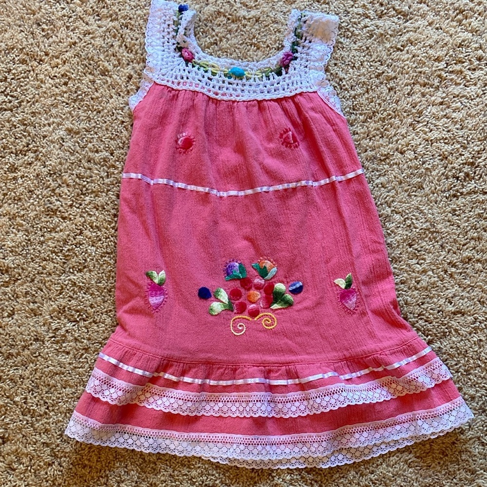 Girls Pink Embroidered Sundress with Crochet Trim